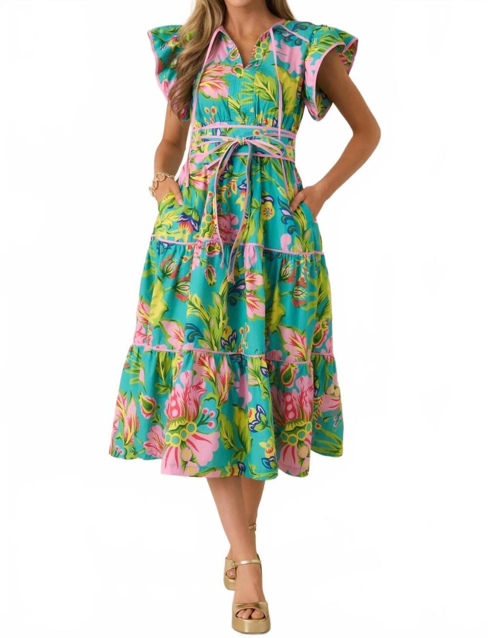 NEW PROSPERINA leighton tiered midi dress in jade multi tropical floral